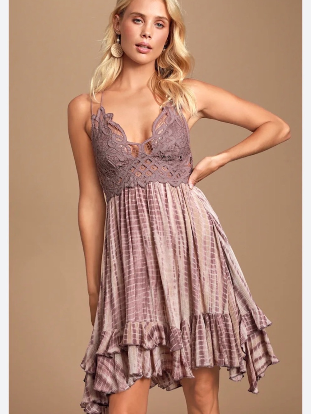 Free People FP One Adella Slip Dusty Purple Tie-Dye Lace Dress Sz S Boho Floral - Picture 1 of 8